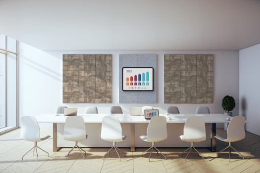 Contemporary conference interior with laptop and three blank banner on concrete wall with city view. Workplace and corporate concept. 3D Rendering
